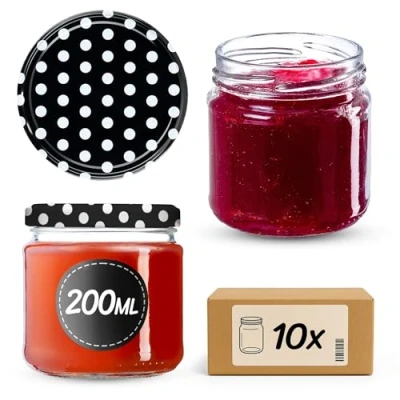Afbeelding van KADAX Kleine inmaakpotten, 200 ml, luchtdicht, rond, FI66 mm, jampotten, bokalen, minipotten voor honing en kruiden, 10 stuks, zwart met stippen