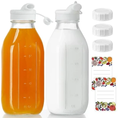 Afbeelding van Absovetu Set van 2 herbruikbare glazen flessen met luchtdicht schroefdeksel, melkkaraf 1 liter schenktuit, voorraadflessen voor dranken, sap,
