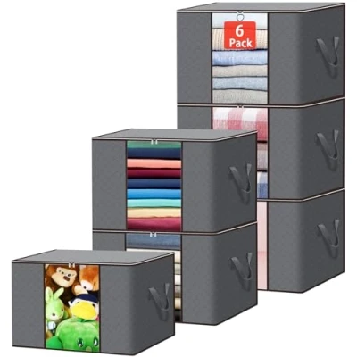 Afbeelding van TAVADA 6 stuks 90 liter opbergzakken met deksel, grote opvouwbare opbergdoos versterkte handgreep, voor kleding, dekbedden, dekens, grijs