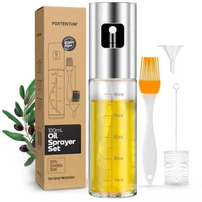 Afbeelding van PORTENTUM 100 ml roestvrijstalen olijfolie spuitfles, lekvrije oliefles met accessoires, oliesproeier voor keuken, barbecue, salade en airfryer