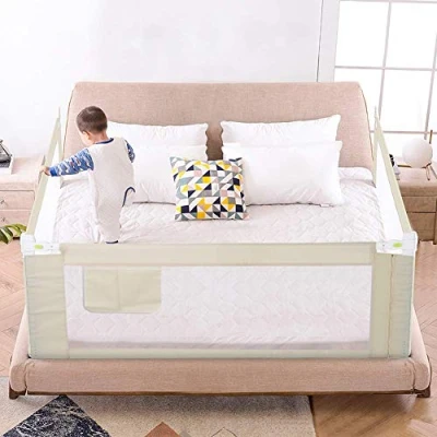 Afbeelding van Bedhekje voor babybed, valbescherming, 150 cm, verticaal heffen, opvouwbaar, in hoogte verstelbaar, beige
