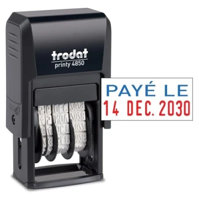 Afbeelding van Trodat Printy 4850L2 datumstempel BETAALD OP Navulbare automatische inkt Blauwe en rode Scherpe afdruk Afdrukformaat 25 x 11 mm