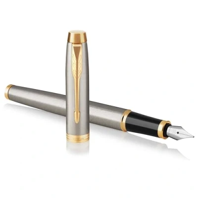 Image de PARKER IM Stylo plume, métal brossé, plume fine, encre bleue, Coffret cadeau