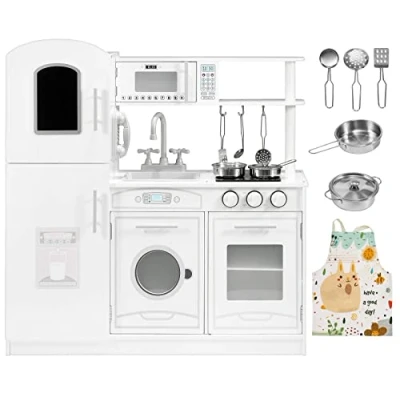 Afbeelding van Mamabrum Houten Witte Speelgoedkeuken met Accessoires en Schort Kinderkeuken Speelkeuken