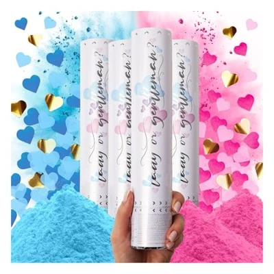 Afbeelding van Canon Confetti Set van 4 Biologisch afbreekbare poederkanon voor geslachtsonthullingen en hartvormige confettikanonnen Roze confettikanon blauw werper