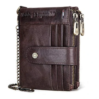 Afbeelding van REETEE bifold Herenportemonnee van echt leer, RFID blokkering, met ketting, portemonnee voor heren, 19 creditcardhouders en ritssluiting, muntvak, geschenkdoos, Koffie, Traditioneel