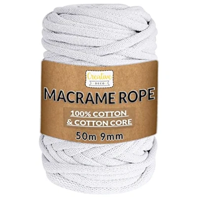 Afbeelding van Creative Deco Macramétouw, 9 mm x 50 m, wit katoengaren, +/ 0,5 dik, natuurlijk koord, keuken, tuin, decoratie, tuinieren, geschenkverpakking, knutselen