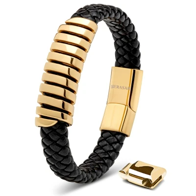 Afbeelding van SERASAR Leren Armband Echte Mannen [Shine] Goud 23cm Manchet Cadeau met Doos