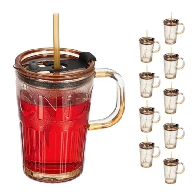 Afbeelding van Relaxdays drinkglazen met handvat set van 10 rietje en deksel sapglazen 450 ml bruinen