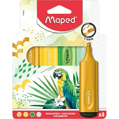Afbeelding van Maped Extra zachte en flexibele markeerstift Fluo PEPS THEMEN x4 Perfect markeringsresultaat, zelfs op oneffen oppervlakken Clip de dop 3 verschillende thema&#039;s: oceaan, tropisch,