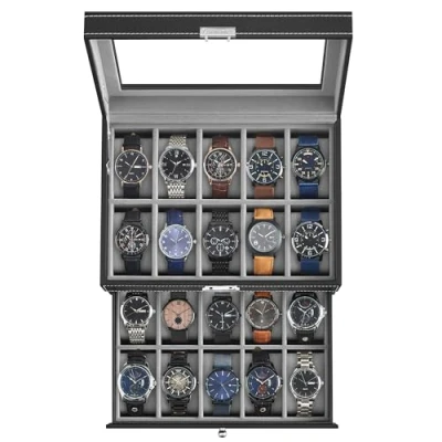 Afbeelding van SONGMICS JWB020 Horlogedoos met glazen deksel, 2 niveaus, uitneembaar kussen, cadeau idee, zwarte PU hoes, grijze fluwelen voering