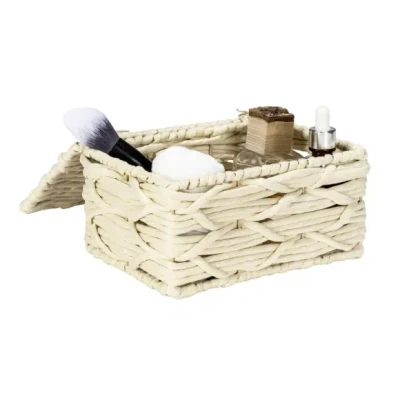 Afbeelding van opbergmand van papiervlechtwerk met deksel, voor badkamer en kantooropslag, 19 x 10 14 cm, boho stijl, beige