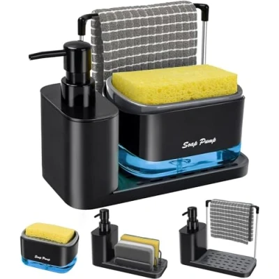 Afbeelding van Yulado dispenser voor afwasmiddel, zwart, zeepdispenser, sponshouder, hoogwaardig, 4 in 1, zeepdispenser de keuken