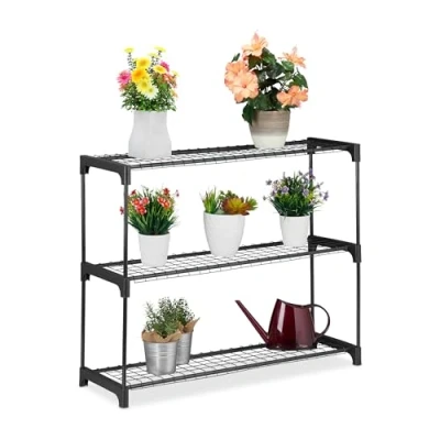 Afbeelding van Relaxdays plantenrek zwart bloemenrek met 3 etages binnen metalen kamerplanten rek
