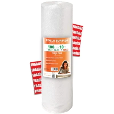 Afbeelding van OFITURIA Bubbelfolie verpakking 100 cm x 10 m breekbare met 12 etiketten ideaal voor verpakking, noppenfolie, verhuizing, luchtbellen