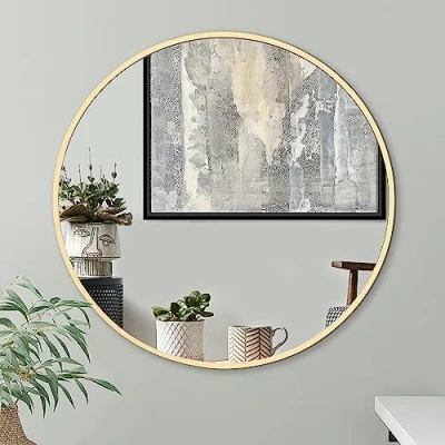 Afbeelding van Americanflat 80 cm aluminium frame, goud, ronde spiegel voor muur, cirkelspiegel slaapkamer, entree en woonkamer, wanddecoratie, wandspiegel met ophangmateriaal inbegrepen
