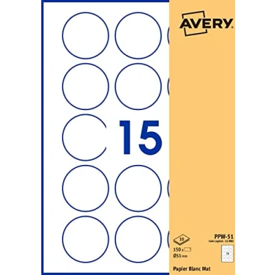 Afbeelding van AVERY Verpakking met 150 ronde zelfklevende etiketten, wit papier, diameter 51 mm, aanpasbaar en bedrukbaar voor laser, inkjet kopieerapparaat (PPW 51.Fr)