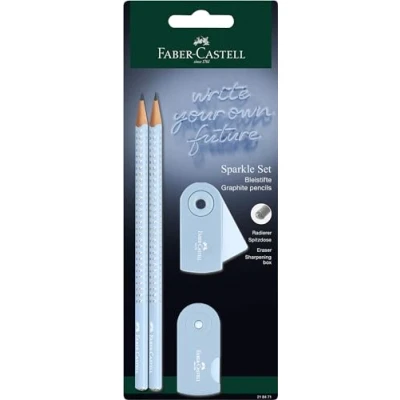 Afbeelding van Faber Castell 218471 Sparkle potloodset met puntenslijper, gum en 2 potloden, schrijfset Sleeve hemelsblauw