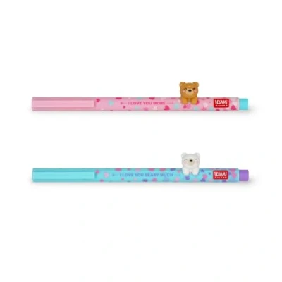 Image de Legami Lot de 2 stylos gel Lovely Friends, édition limitée, animal décoratif amovible et recombinable, évite le roulement, encre bleu violet, pointe fine 0,5 mm