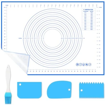 Afbeelding van WECUTE Siliconen bakmat 70 x 50 cm Antislip Met maat Herbruikbaar Accessoires voor suikerpasta, macarons, koekjes (met 3 spatels en 1 borstel) (blauw)