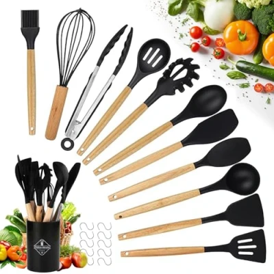 Afbeelding van siliconen kookgerei set, lepel voor keuken, 22 delige keukenlepels (zwart, uitgerust met 10 haken)
