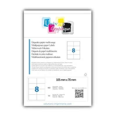 Afbeelding van 400 etiketten 105 x 70 mm = 50 vellen à 8 witte zelfklevende etiketten, personaliseerbaar, 10,5 7 cm, zelfklevend, voor inkjet en laserprinters, etiket te gebruiken met Herma code 4426