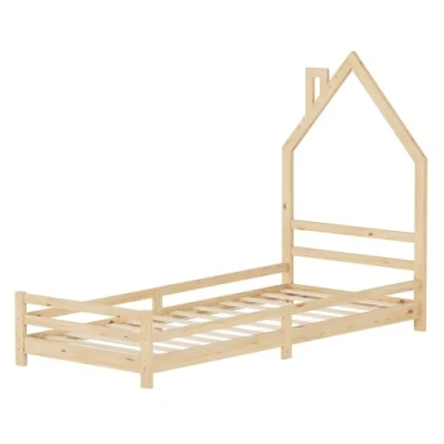 Afbeelding van Kinderbed huis 90x200 cm natuurlijk bed voor kinderen houten met lattenbodem schoorsteen ontwerp ML Design