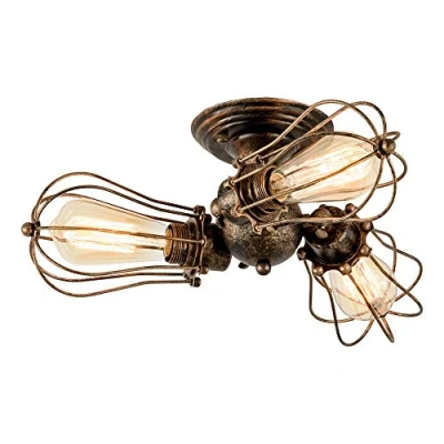Afbeelding van Vintage verstelbare plafondlamp, half inbouw, metalen kooilamp, halfinbouw, rustieke halfinbouwlamp, lampen (zonder lamp) (met 3 lampen) (brons)