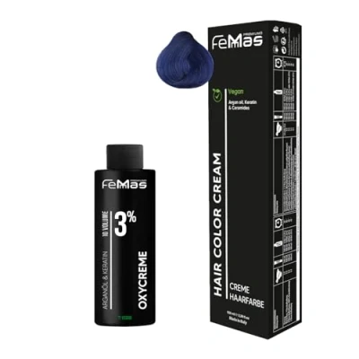 Afbeelding van Femmas Blue I Hair Color Cream permanente haarkleurset 100 ml + zuurstofcrème 3% haarkleur ontwikkelaar zacht en duurzaam haarverf voor salon