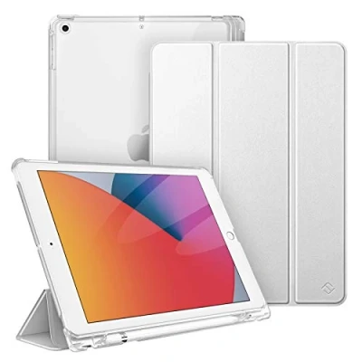 Afbeelding van Fintie Hoes voor iPad 10.2 inch 9e Generatie 2021/ 8e Gen. 2020 / 7e 2019 met Pencil Houder, Ultradun Superlicht Beschermhoes Transparante Achterkant Automatische Slaap waak, Zilver