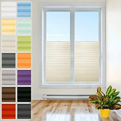 Afbeelding van Plissé rolgordijn met klembevestiging jaloezie zonder boren, topkwaliteit Pearl stofcollectie Easyfix klemdrager gespannen vouwgordijn inkijkbescherming en zonwering raam [crème, B: 80cm, H: 150cm]