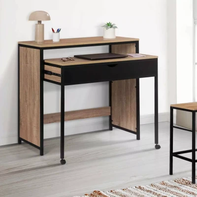 Afbeelding van Bureau extensible 1 tiroir BOSTON bois et noir design industriel