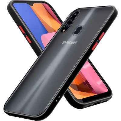 Afbeelding van Cadorabo Hoesje geschikt voor Samsung Galaxy A20s in Mat Zwart Rode Knopen Hybride beschermhoes met TPU siliconen Case Cover binnenkant en matte plastic achterkant