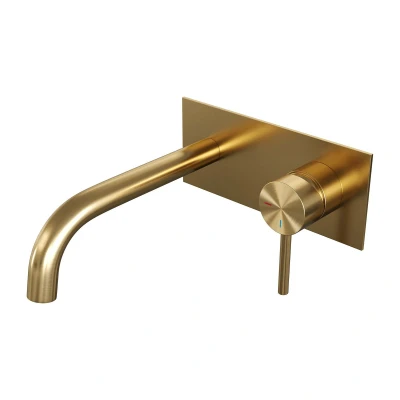 Afbeelding van Brauer Gold Edition Wastafelmengkraan inbouw gebogen uitloop links hendel lang smal afdekplaat model A 1 PVD geborsteld goud