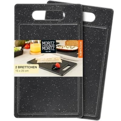 Afbeelding van Moritz &amp; Set van 2 kunststof snijplanken met sapgroef in granietlook 25 x 15 cm BPA vrije hygiënische snijplank en vaatwasmachinebestendig