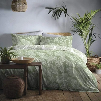 Image de Fusion Housse de couette Matteo Green Leaf Super King Size (260 x 220 cm) Design réversible (coloris blanc et vert) feuille/feuilles vertes Parure lit vert sauge