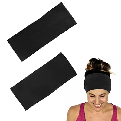 Afbeelding van 2 brede haarbanden, 9 cm zwarte haarband en 12 donkergrijze haarband, zweetabsorberende sporthoofdband, elastische fitnessband