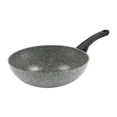 Image de Barazzoni monolitica wok en aluminium effet pierre avec revêtement marmotech et fond spécial induction aluminium/acier, ø 28 cm, fabriqué italie, gris