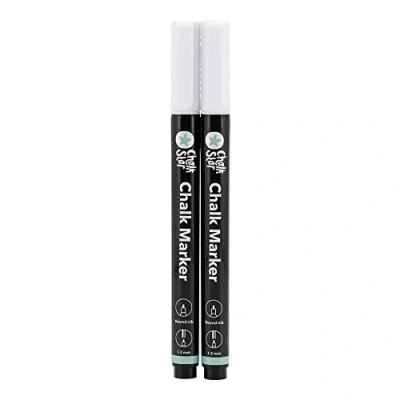 Afbeelding van Chalk Star Set van 2 witte vloeibare krijtstiften voor Blackboard, Chalkboard, Windows, Gold Glass 1 mm ronde punten Ideaal handtekeningen en reclame
