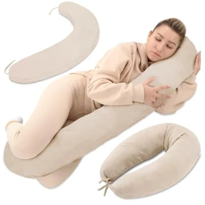 Afbeelding van Borstvoedingskussen, chiffon, zijslaapkussen, katoenen zwangerschapskussen, positioneringskussen voor volwassenen, 190 cm, beige, XXL