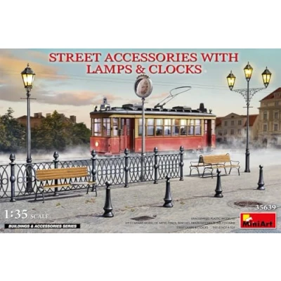 Afbeelding van 1:35 MiniArt 35639 Street Accessoires with Lamps &amp; Clocks Plastic Modelbouwpakket