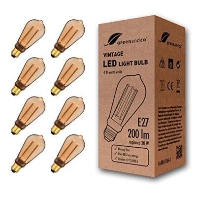 Afbeelding van Greenandco® ledlamp, decoratief, vintage, retro, industrieel, antiek, Edison, E27, ST64, 4 W, 200 lm, 1800 K, zeer warm wit, 320 graden, 230 V, geen flikkeren, niet dimbaar, 8 stuks