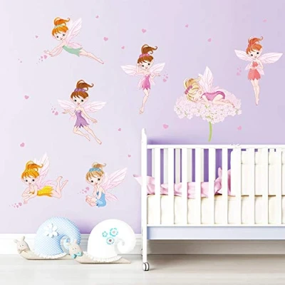 Afbeelding van ufengke muurstickers feeën bloemen roze hart voor kinderkamer meisjes baby wanddecoratie
