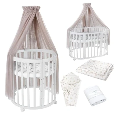 Afbeelding van Waldin OWAL Baby Bed 7in1, Lit à Barreaux avec Matelas, Commode Langer, Évolutif Bébé Ovale Matelas et Roulettes, Bois Blanc, Tissus Branches Taupe