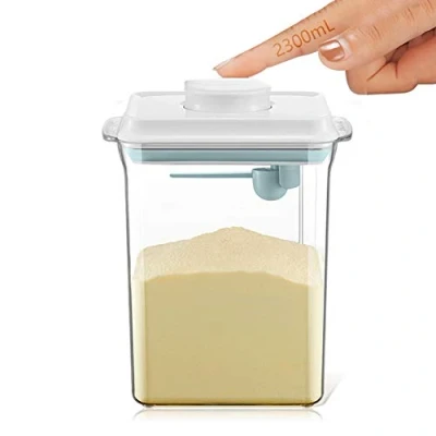 Afbeelding van 2,3 l luchtdichte melkpoederdispenser, draagbare melkpoederbox, melkpoeder, houder met lepel, bediening één hand, afneembaar, voor het bewaren van babymelkpoeder, groenten en levensmiddelen