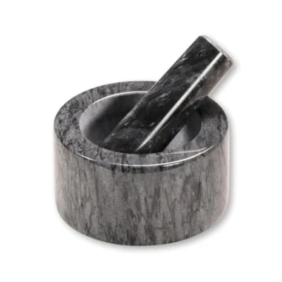 Afbeelding van Vijzel met stamper van Porselein Ø 13 Cm WIT Marmer Fijnstampen en vermalen Kruiden Afm. x 8 Cm.