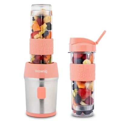 Image de H.Koenig Mini Blender Transportable Compact 570mL SMOO10 sans BPA Puissant 300W, Mixeur à Smoothie 2 Bouteilles Portables, 4 Lames en INOX, gourdes avec couvercles de Voyage incluses, Rose Corail