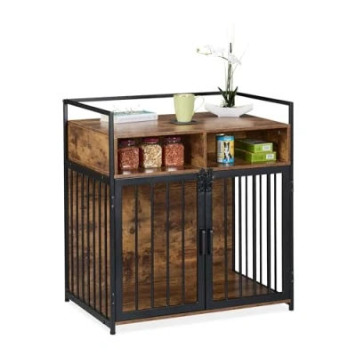 Afbeelding van Relaxdays Hondenkooi in meubelstijl, 85 x 80 54 cm (h b d), hondenbench met plank, 2 deuren, hondenkast houtlook, bruin/zwart