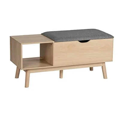 Afbeelding van WENKO Edda Moderne schoenenbank met opbergvak, zitkussen en royale opbergruimte voor entree hal, inklapbaar afneembaar deksel, trendy eikenlook