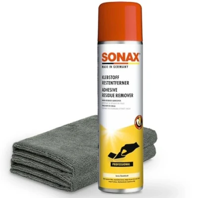 Afbeelding van Sonax lijmverwijderaar 0,4 liter + 2 detailmate Edgeless microvezeldoeken 40 x cm 380 g/m² voor autolak, metaal, glas, kunststof